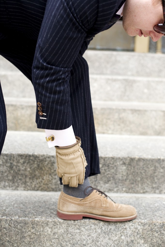 Sand Longwings × Gloves Navy Pinstripe Suit