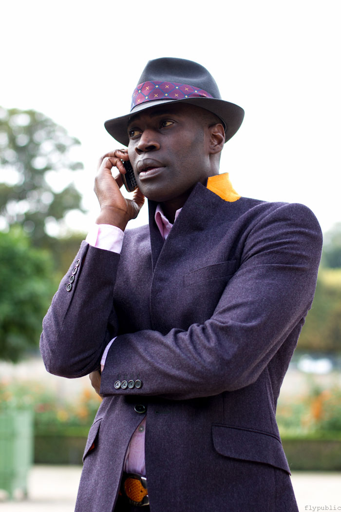 Contrast Lapel Blazer, black man in a hat on his cellphone