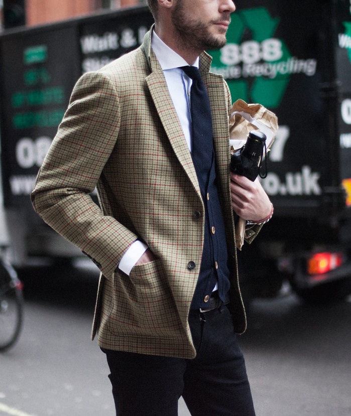 Men's Fashion Trends: Tie Tucking, check blazer in brown