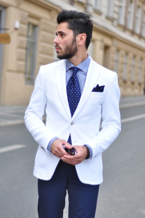 Blue & White suit jacket, pocket square, dots