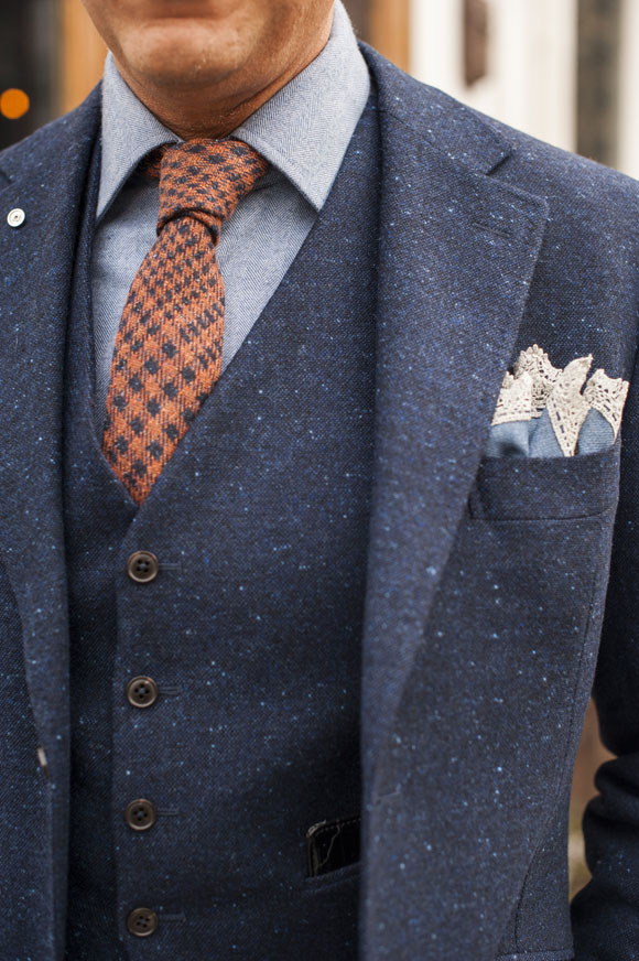 Blue Donegal Suit & Orange Check tie mens fashion