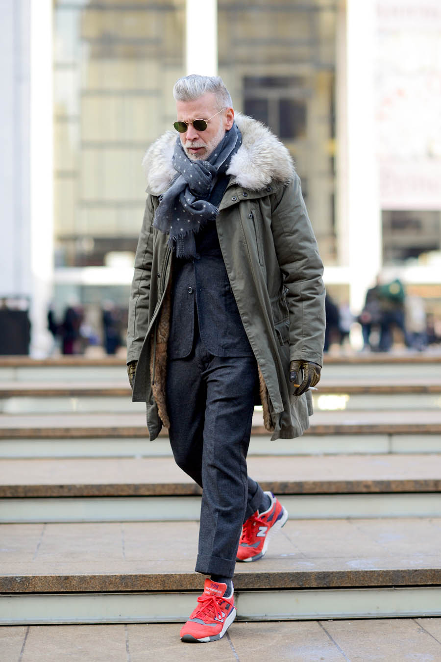 Nick Wooster Stairwalker red new balance & fur coat