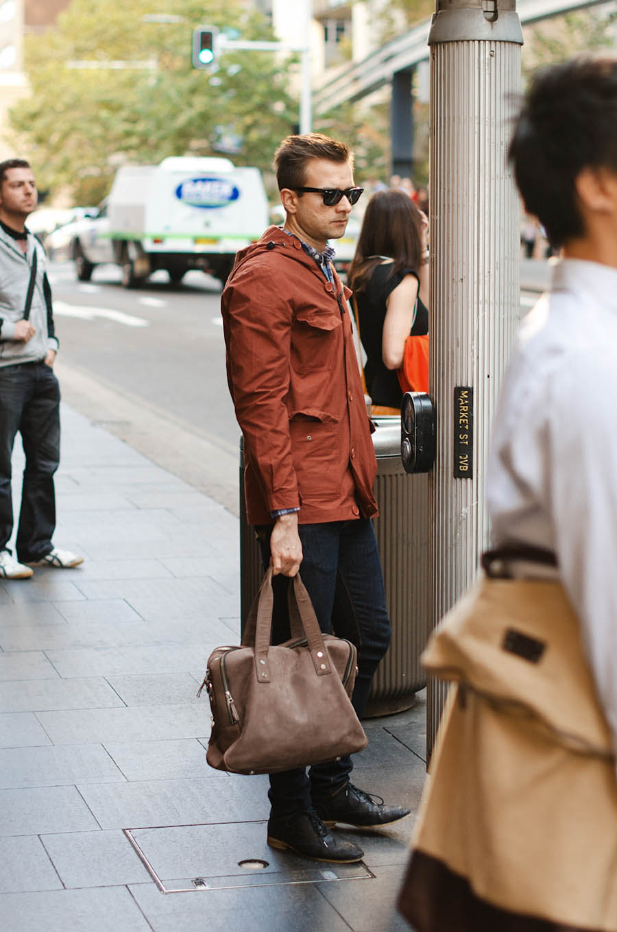 Raddest Look wingtips, taupe leather bag & red coat