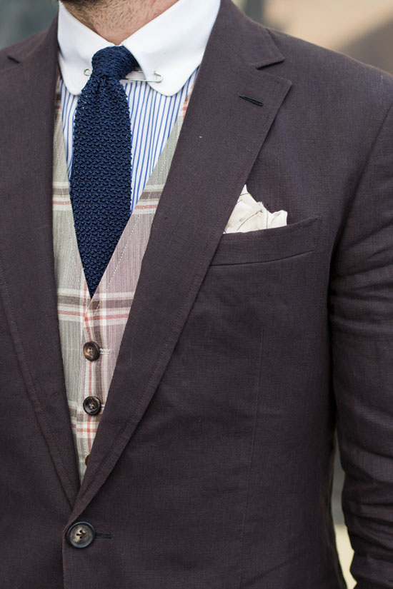 Chocolte Brown Linen Suit navy knit tie