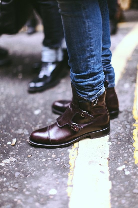 Triple Buckle Leather Boots with blue jeans tucked streetstyle