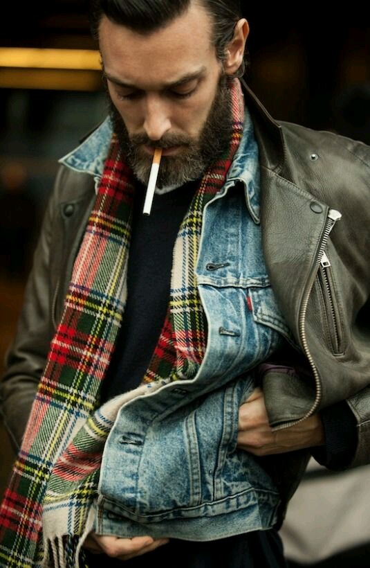 Wool × Denim × Leather, Layered jacket scarf #menswear