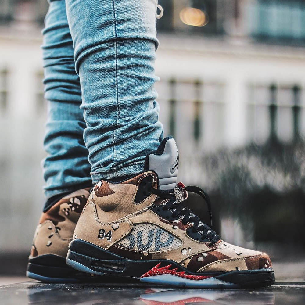 Limited edition collab between #AirJordan & #Supreme...the 5's are back! In camo.